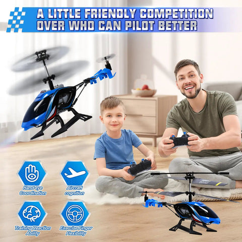 Father and son flying Rugged 2.4G RC Helicopter With LED Lights For Indoor And Outdoor Flight, Vigilante Style Remote Control Toy with blue design indoors.
