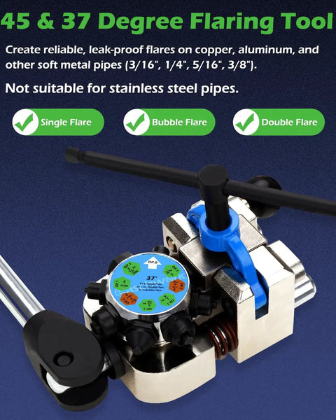 Pro Grade Brake Line Flare Tool Kit With Dual 45 And 37 Degree Flare, featuring single, bubble, and double flare options for tubing.