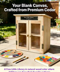 Outdoor Little Library Box With Stand And Nameplate in natural wood finish with clear doors and art supplies nearby