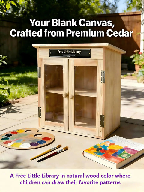 Outdoor Little Library Box With Stand And Nameplate in natural wood finish with clear doors and art supplies nearby