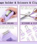 Purple Desk Organizer Set 12 Pieces With Tape Dispenser Scissors and Clips showing tape holder and scissors