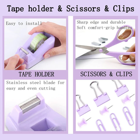 Purple Desk Organizer Set 12 Pieces With Tape Dispenser Scissors and Clips showing tape holder and scissors