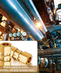 Front view of four brass 3/8 in compression union fittings for copper, aluminum, and plastic tubing.
