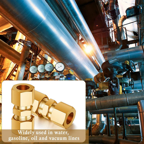 Front view of four brass 3/8 in compression union fittings for copper, aluminum, and plastic tubing.
