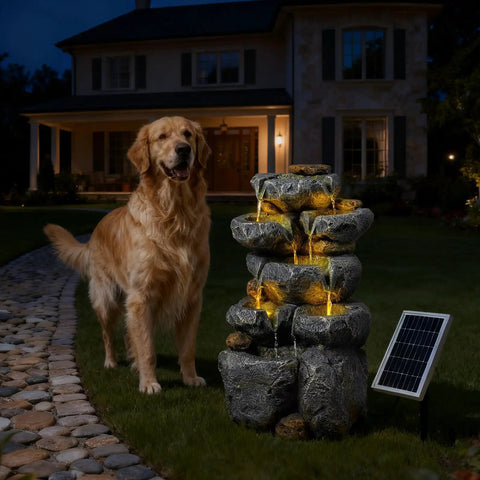 Solar Powered 5 Tier Rock Water Fountain With LED Lights, Outdoor Garden Cascade for Backyard, Patio, Deck, Porch, 24 Inch Tall, Durable Solar Panel With Dual Charging Modes For Easy Setup next to a dog in a nighttime setting.