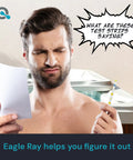 Man holding a paper and test strip next to hot tub with text bubble saying 'What are these test strips saying?'