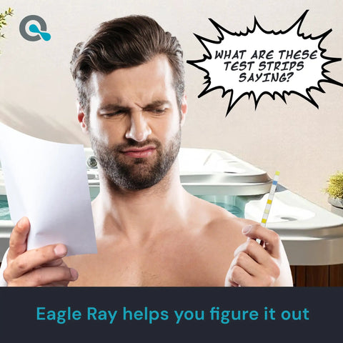 Man holding a paper and test strip next to hot tub with text bubble saying 'What are these test strips saying?'