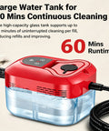 Powerful 2500W Handheld Steam Cleaner With Six Adjustable Settings in red with large water tank shown for 60 mins continuous cleaning.