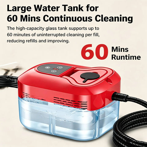 Powerful 2500W Handheld Steam Cleaner With Six Adjustable Settings in red with large water tank shown for 60 mins continuous cleaning.