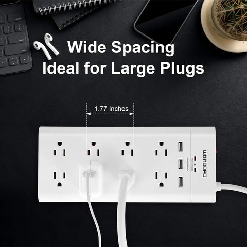 8 Outlet Power Strip With 6 Ft Extension Cord, 3 USB Ports, 1625W Surge Protector, 1050J Safety Rating, 2 Prong To 3 Prong Adapter