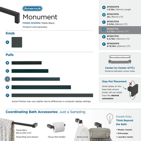 Monument Matte Black Cabinet Pull 5-1-16 Inch Center-To-Center, modern drawer handle specifications and accessories overview.