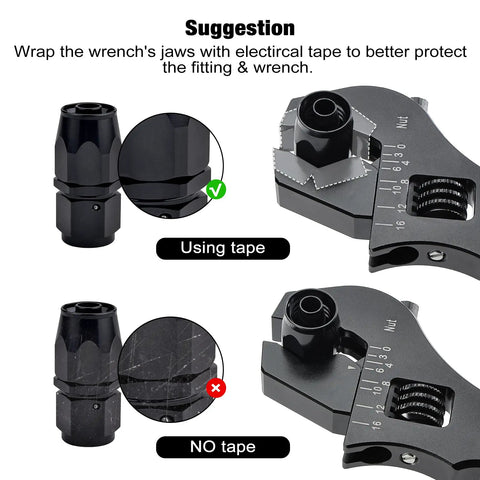 Comparison of Adjustable AN Fitting Hose Wrench 3AN To 16AN showing taped vs. non-taped parts for tight fittings.