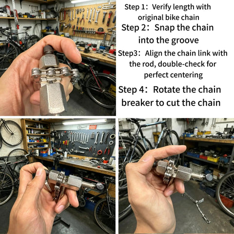 All In One Bike Chain Tool Kit For Six Seven Eight Speed Chains With 126 Link Replacement Chain Breaker and hand tool usage steps