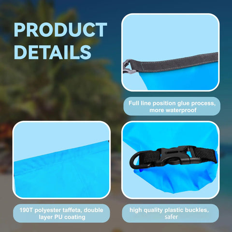 Close-up of 6 Pack Waterproof Dry Bags For Kayaking And Outdoor Adventures, lightweight polyester with PU coating and buckle.