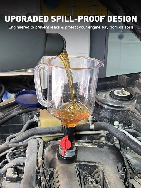 Engine Oil Funnel Kit With Spill Proof Design And Flow Control Valve For Easy Mess Free Oil Changes, Premium Polycarbonate Construction, Large Capacity Auto Maintenance Tool in use over car engine.