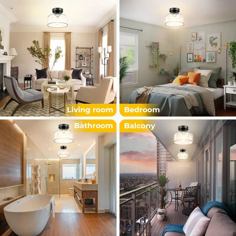 Solid Fit Clear Glass Semi Flush Mount Ceiling Light With Heavy Duty Metal Frame And Matte Black Finish Built To Last in living room, bedroom, bathroom, and balcony settings.