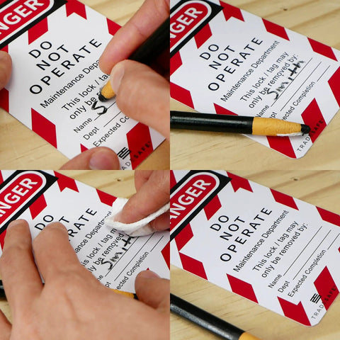 Heavy Duty Lockout Tagout Tags With Nylon Zip Ties Osha Compliant Danger Do Not Operate Signs for writing information.