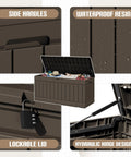 Collage showcasing 78 Gallon Outdoor Deck Box Large Resin Storage Box For Patio Cushions Garden Tools And Yard Gear With Lockable Lid Weatherproof And UV Resistant Brown Durable Construction For Easy Rainy Day Storage with side handles, lockable lid, and hydraulic hinge.
