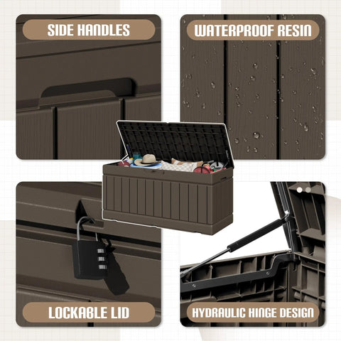 Collage showcasing 78 Gallon Outdoor Deck Box Large Resin Storage Box For Patio Cushions Garden Tools And Yard Gear With Lockable Lid Weatherproof And UV Resistant Brown Durable Construction For Easy Rainy Day Storage with side handles, lockable lid, and hydraulic hinge.