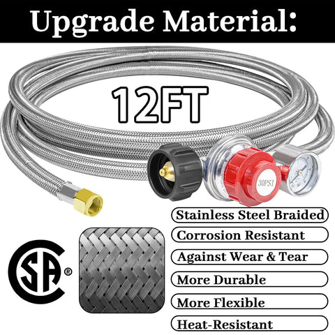 Propane regulator hose, angled front view, 12 ft stainless steel braided with gauge and 3/8 in flare fitting