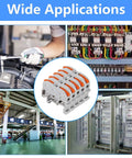 50 Pack Compact Din Rail Terminal Blocks Featuring Quick Snap Lever Wire Connectors For 28 To 12 Awg Electrical Wiring in various applications.