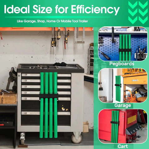 Welding Rod Storage Rack Kit with Four Slot TIG Filler Rod Holder mounted in garage workspace next to cabinets and tools.