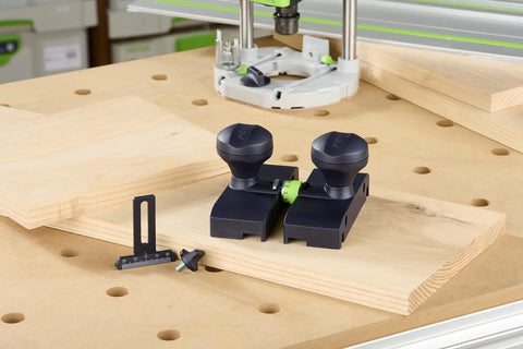 Guide Stop Adapter For OF 1400 Router And FS Guide Rails With Precise OneTenthMillimeter Fine Adjustment on wood surface