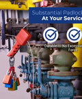 Industrial valve secured with Lockout Tagout Padlock Set Six Pack Yellow Keyed Alike With Two Keys Per Lock OSHA Compliant