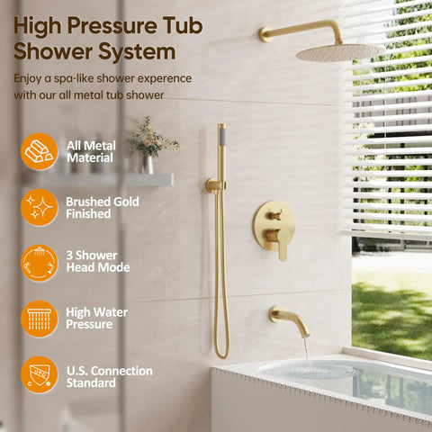 Heavy Duty Brushed Gold Shower System With 10 Inch Rain Shower Head And Tub Spout Solid Brass Faucet Set Built Different Zero Plastic All Metal Bath Setup Badass Quality