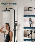 GRANDJOY Exposed Tub and Shower System with Handheld Spray, Matte Black, featuring overhead rainfall and handheld options.
