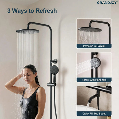 GRANDJOY Exposed Tub and Shower System with Handheld Spray, Matte Black, featuring overhead rainfall and handheld options.
