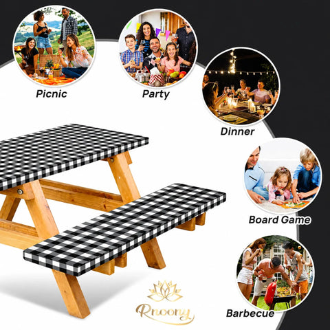 Waterproof Fitted Picnic Table Cover Set For Six Foot Tables With Elastic Edges Includes Bench Covers 72 By 30 Inch Tablecloth