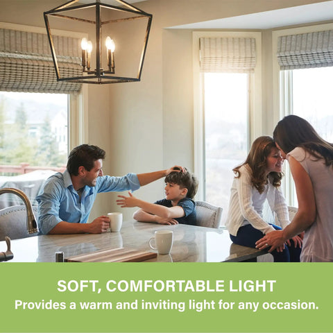 Family in kitchen with Smooth Dimming E12 LED Candelabra Bulbs 60 Watt Equivalent B10 Filament Chandelier Lights 2700K Soft White