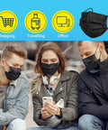 People wearing 100 Pack Black Disposable Face Masks 3 Ply Breathable Soft Non Woven Masks with Built In Nose Bridge and Elastic Ear Loops