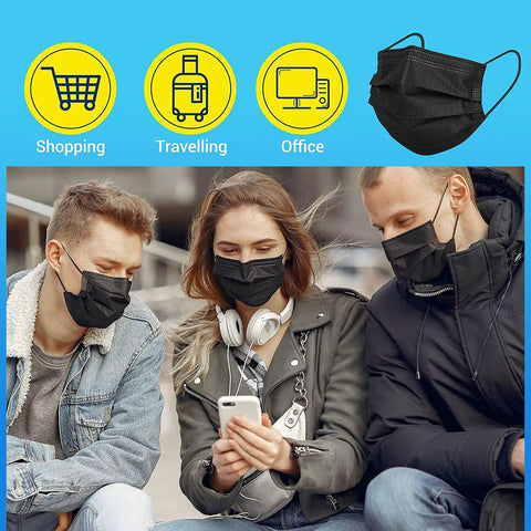People wearing 100 Pack Black Disposable Face Masks 3 Ply Breathable Soft Non Woven Masks with Built In Nose Bridge and Elastic Ear Loops