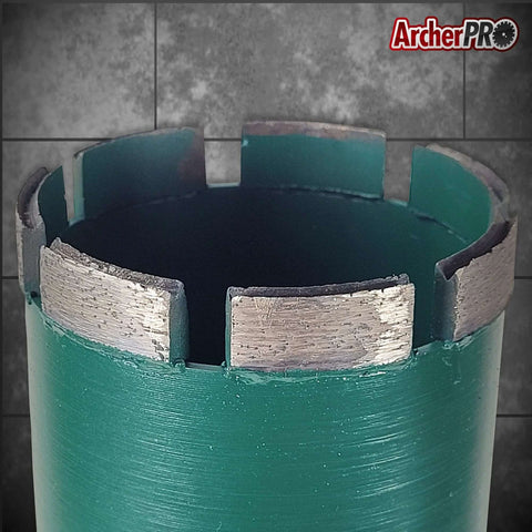 Close-up of Archer PRO 2-1/4in diamond core drill bit for concrete drilling, segmented turbo edge, green body.