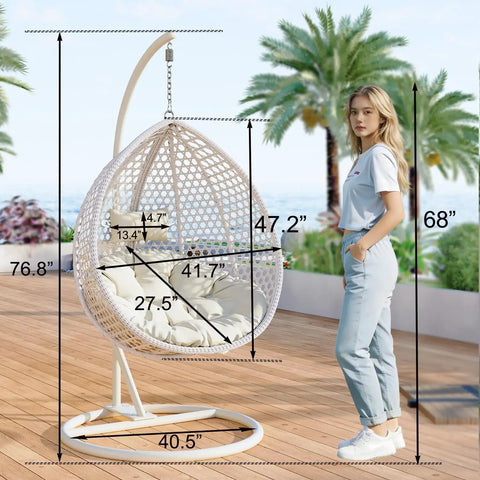 Hanging Egg Chair Outdoor Indoor With Stand, Wicker Swing Egg Chair, dimensions diagram with measurements, white, patio setting