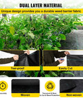 Heavy Duty Weed Barrier Fabric 4 By 300 Feet Woven Landscape Ground Cover For Gardens And Lawns Tough As Nails Weed Control Geotextile Mat Black Yard Shield For Sun And Rain in use with plants, showing tear-proof and easy cut features.