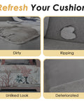 Comparison showing dirty, ripping, unliked, and deteriorated cushions before using Custom Size Bench Cushion For Indoor Outdoor Use With 70D Foam Waterproof Cover Embroidery And Made To Your Specs Fits Patio Couch Bay Window Chair Sofa Swing Garden Seat And Breakfast Nook.