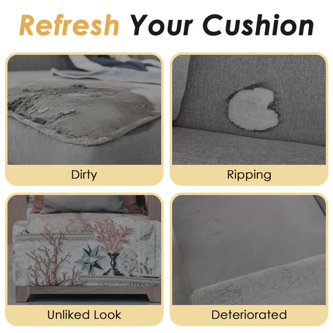 Comparison showing dirty, ripping, unliked, and deteriorated cushions before using Custom Size Bench Cushion For Indoor Outdoor Use With 70D Foam Waterproof Cover Embroidery And Made To Your Specs Fits Patio Couch Bay Window Chair Sofa Swing Garden Seat And Breakfast Nook.