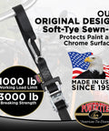 Heavy Duty Ratchet Straps 1.5 Inch By 6.5 Feet Built Tough With Triple Stitched Seams Quick Hook Latches showing soft-tye design and hooks.