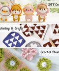 Crochet crafts with animal figures, geometric patterns, and floral designs showcasing 113 Piece Crochet Kit With 1600 Yards Of 40 Color Assorted Acrylic Yarn For Knitting And Crochet, 73 Crochet Accessories With Ergonomic Hooks And Knitting Needles, Tote Bag, The All In One Starter Kit For Beginners