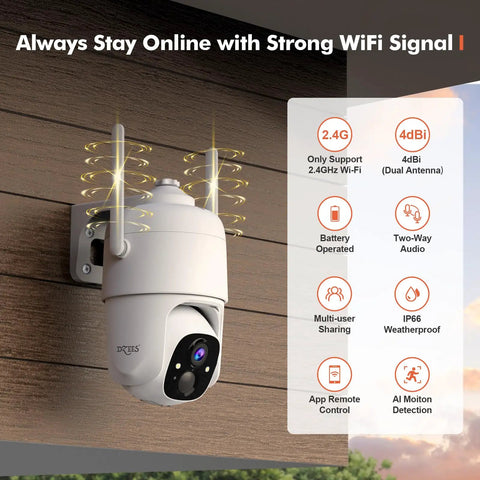 360 PTZ Outdoor WiFi Security Camera With 2K Video, Spotlight And Siren mounted on wall, dual antenna, strong WiFi signal.