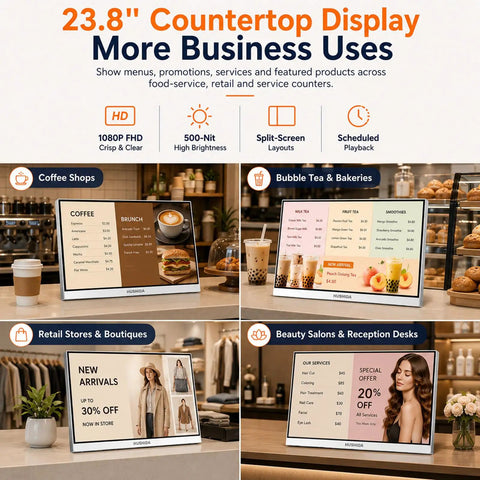 Hustle Ready 23.8 Inch Digital Signage Display Featuring 1080P Full Hd Resolution And 500 Nits Brightness on restaurant countertop.