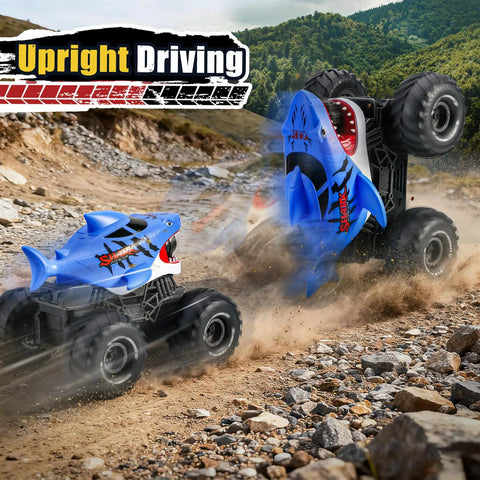 Beast Amphibious Remote Control Shark Monster Truck for Water Play driving off-road on rocky terrain showcasing upright driving