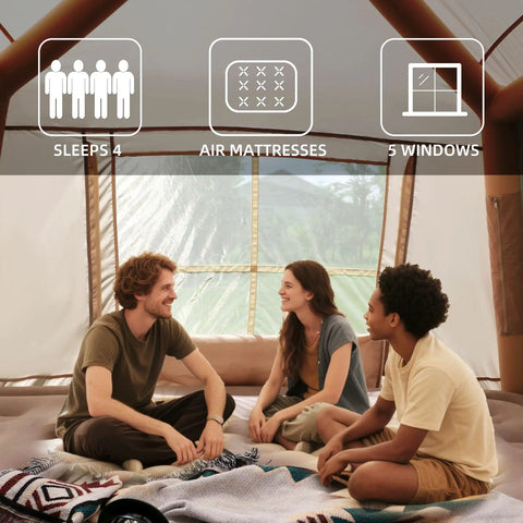Three people relaxing inside Inflatable Camping Tent With Detachable Top For All Season Weatherproof Outdoor Shelter Built For Stargazing And Night Sky Watching Discover Open Air Cosmos From Inside Or Step Outside Under The Stars, showing spacious interior with windows and air mattresses.