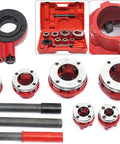 Ratcheting Pipe Threader Kit With Seven Dies Set Covers 3/8 In, 1/2 In, 3/4 In, 1 In, 1-1/4 In, 1-1/2 In, 2 In BSPT displayed with case.