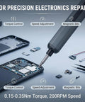 Compact Pen Shaped Cordless Electric Screwdriver Kit packing 52 Magnetic Bits and bright LED lamp for precision electronics repair.