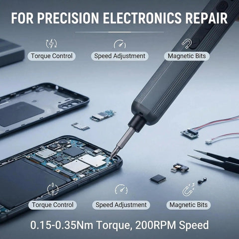 Compact Pen Shaped Cordless Electric Screwdriver Kit packing 52 Magnetic Bits and bright LED lamp for precision electronics repair.