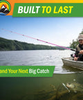 Fisherman using Hot Pink Fishing Rod And Reel Combo With 78 Inch Medium Action Spinning Pole on a lake, lightweight fiberglass build.